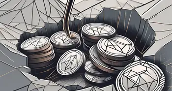 A network of interconnected digital coins being chipped away or eroded by a mining pickaxe