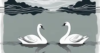 A serene lake scene featuring three distinct swans—one black