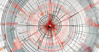 An intricate gann fan overlaying a stock market chart