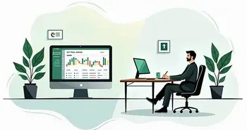 An abstract comparison of a digital trading platform interface on one side and a traditional broker's office setting on the other