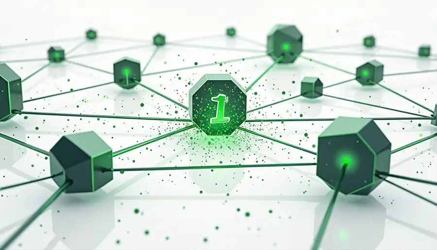 Ein stilisiertes Blockchain-Netzwerk mit miteinander verbundenen Knoten
