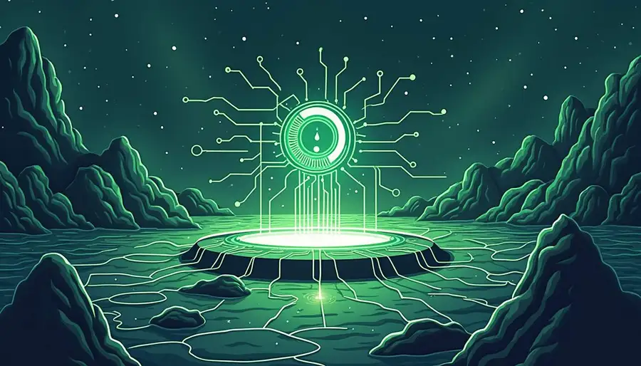 Draw an illustration of a futuristic landscape where blockchain nodes are connected by glowing lines