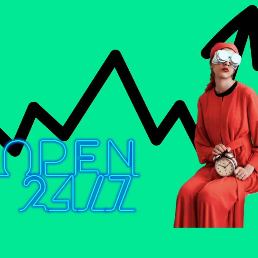 Stock market trending up, women with goggles holding a clock and neon open 24/7 sign.