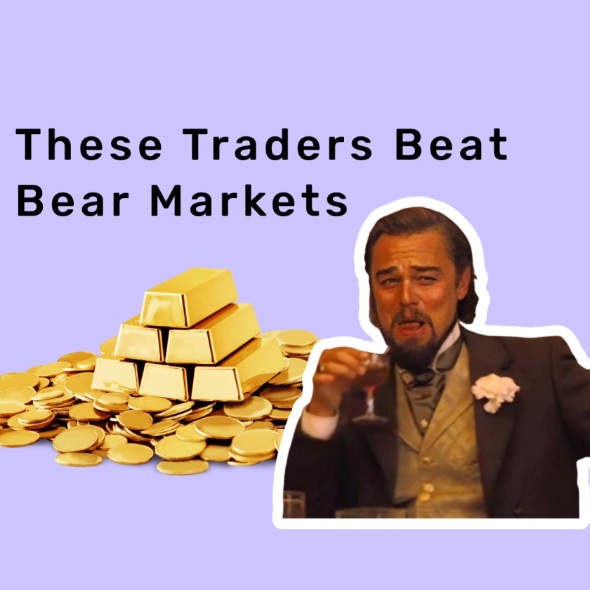 Traders winning in market downturn with gold bars and Leonardo Dicaprio amused face from Django