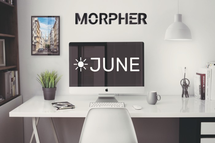 Morpher monthly June update with mockup image of office space.