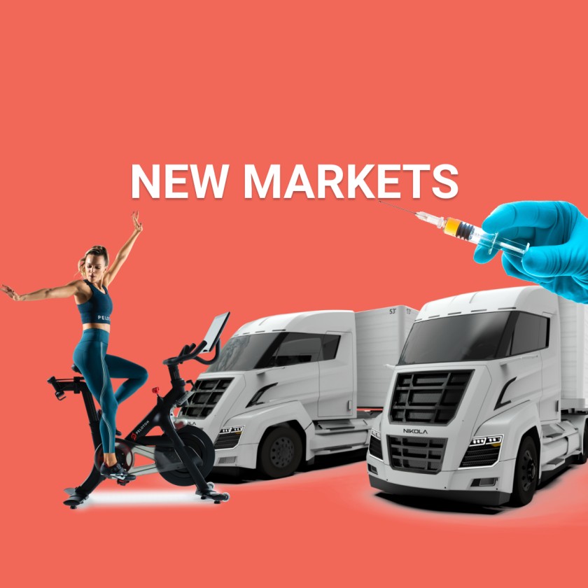 New markets: Peloton bike, Moderna needle, and Nikola trucks.