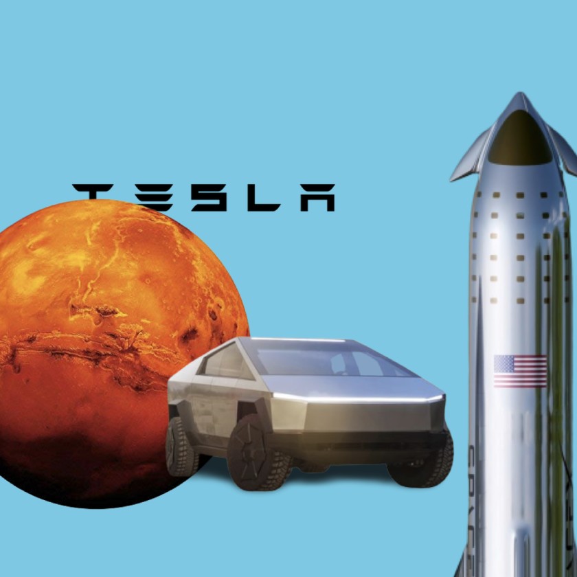 Tesla Cybertruck roaming Mars with its bigger brother, the SpaceX Starship.