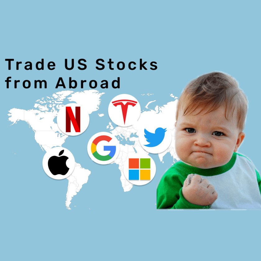 Tech stock logos like Netflix, Google, Tesla, Apple with globe and success baby meme.