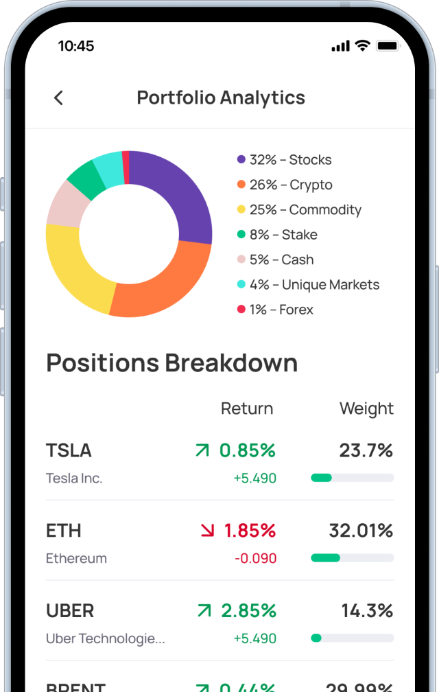 Investment portfolio screen on Morpher BETA mobile app