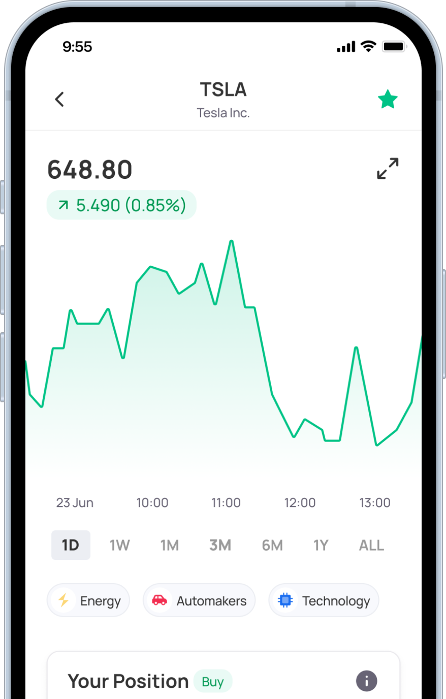 Morpher BETA mobile app market page for TSLA stock.