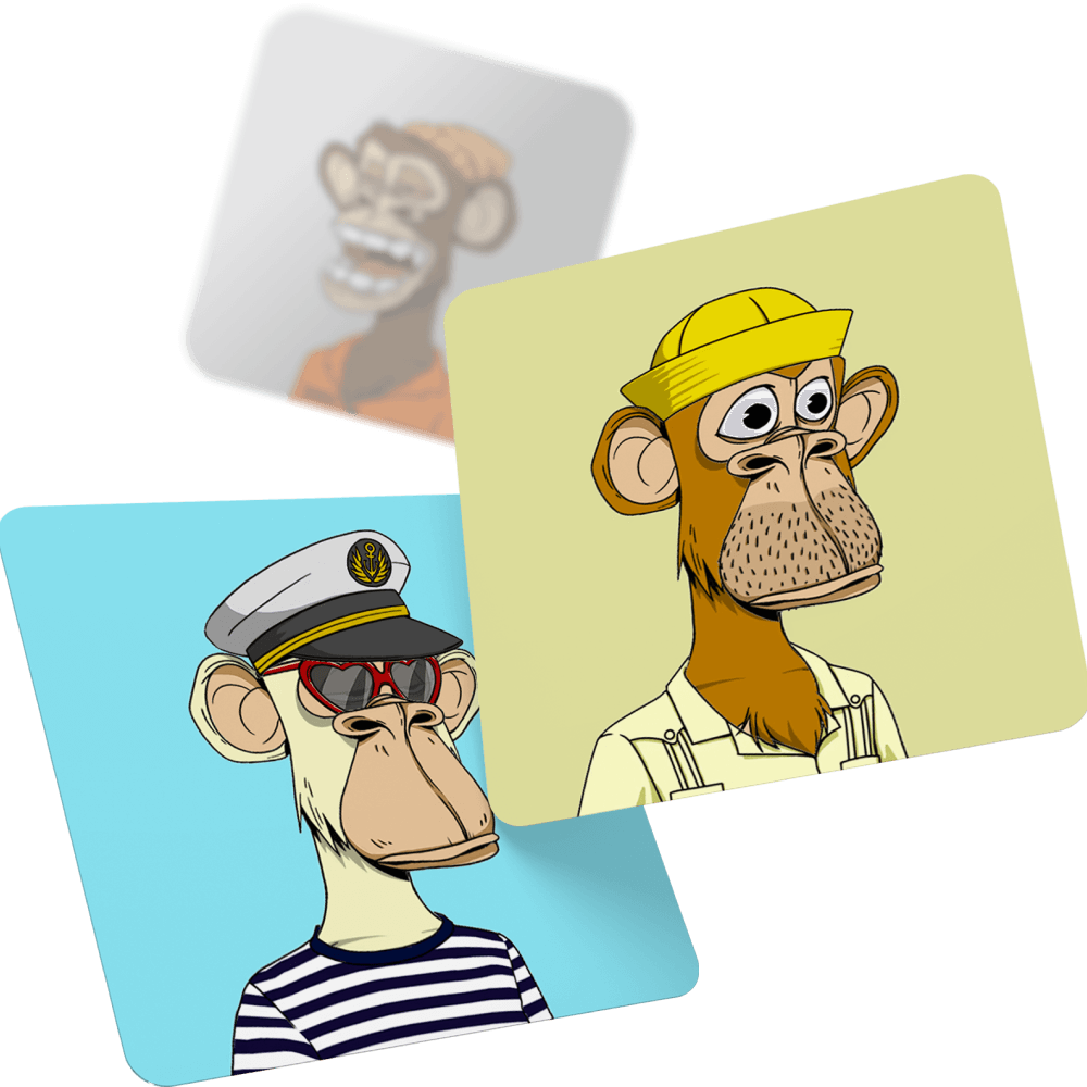 NFT collection cards featuring three bored apes.