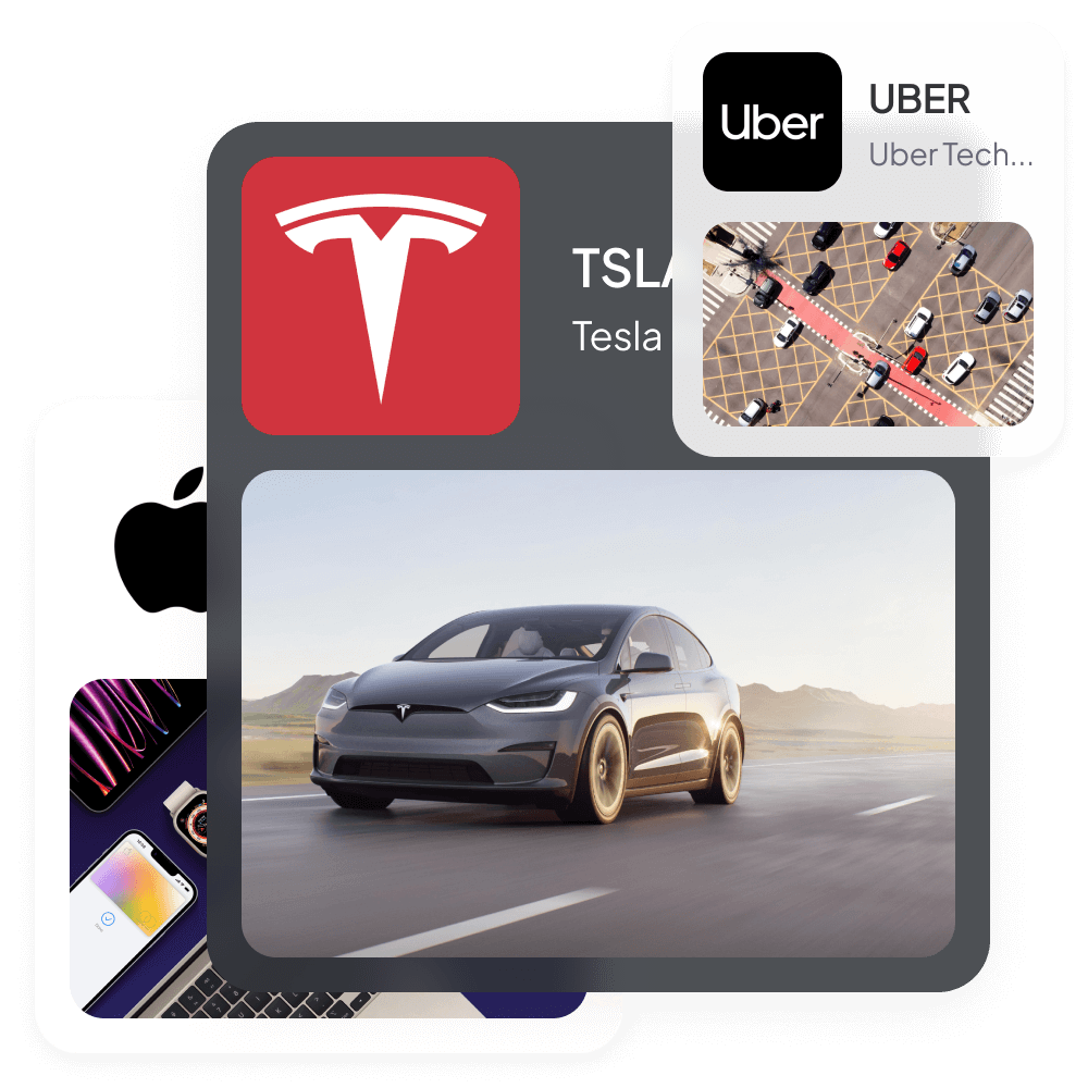 Stock cards featuring Apple, Tesla, and Uber with descriptive image for each market.