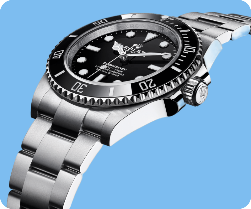 side view of rolex submariner with contrast blue background